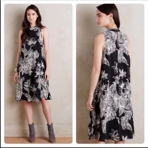Anthropologie Maeve Larkhill Floral Swing Midi Dress Mock Neck Silk Black White